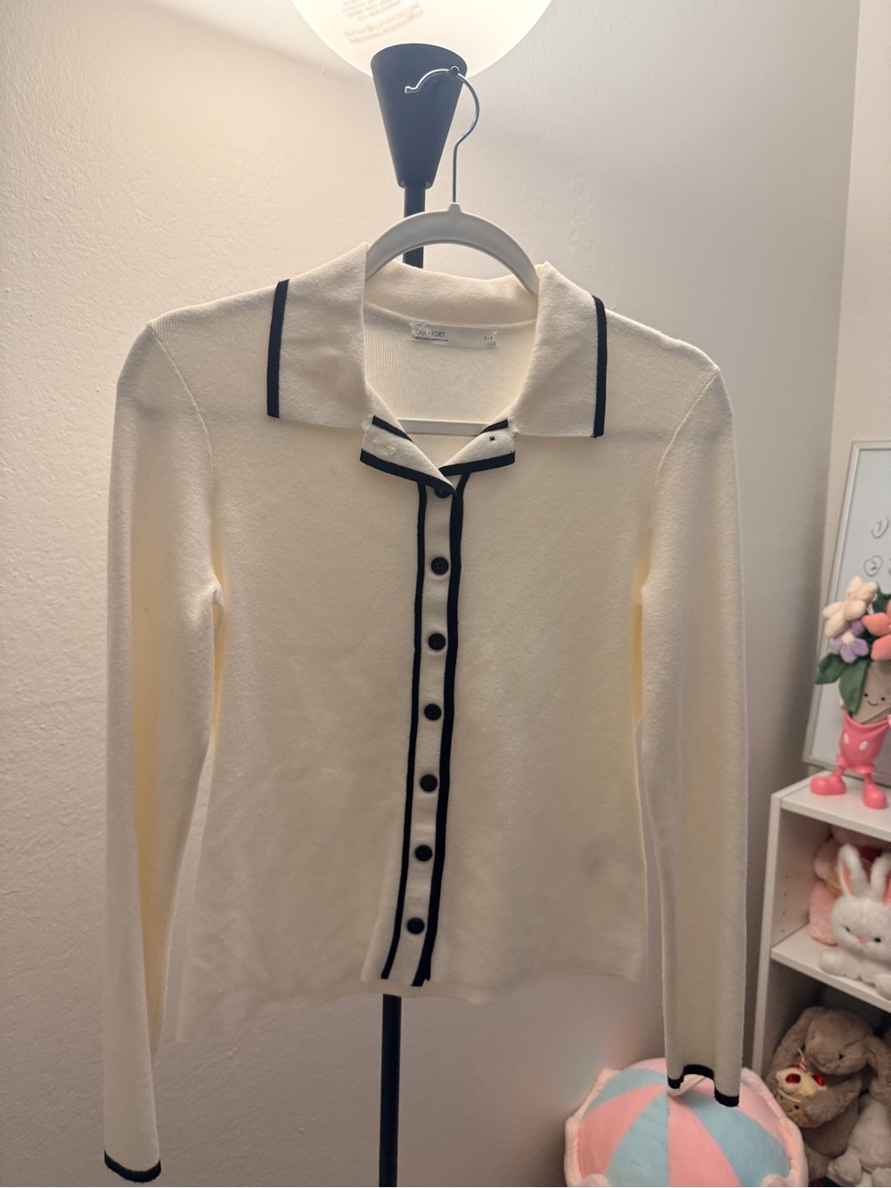 OAK + FORT Cream Button-Up Cardigan with Black Trim